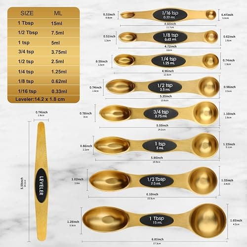 Gold Magnetic Measuring Spoons Set Stainless Steel with Leveler, Dual-Sided Stackable Metal Measuring Spoons for Baking & Cooking, Fits in Spice Jars, Heavy Duty Kitchen Gadgets, 8 Spoons & 1 Leveler thumbnail 2