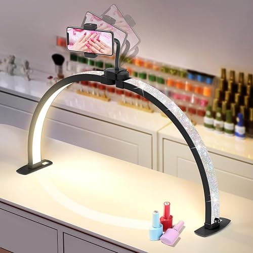 Yokilly Half Moon Light for Nail Desk: 29" Foldable Nail Light for Desk | Arch Nail Tech Light with Phone Holder for Beginner - 3 Color Modes & 10 Brightness for Manicure Salon-Black - Image 1