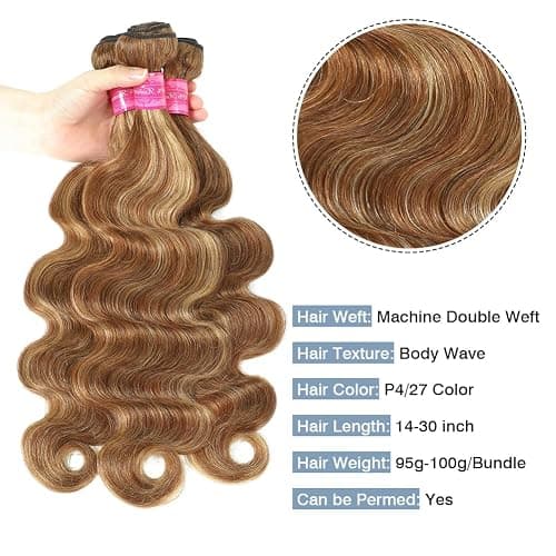 Honey Blonde Highlight Human Hair Bundles 100% Unprocessed Brazilian Virgin Hair Ombre Highlight Body Wave 3 Bundles Human Hair Weft Extensions Piano Color thumbnail 2