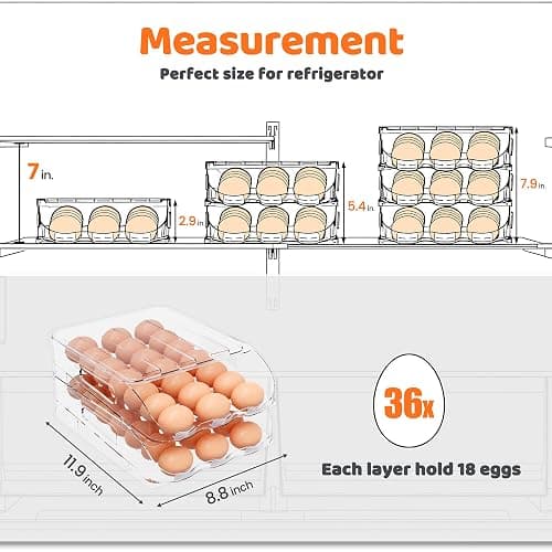 SMRCAD Egg Holder for Fridge, Automatic Steady Rolling Egg Dispenser with Silicone Bumpers & Handle for Refrigerator, Large Capacity Egg Organizer with Lid thumbnail 3