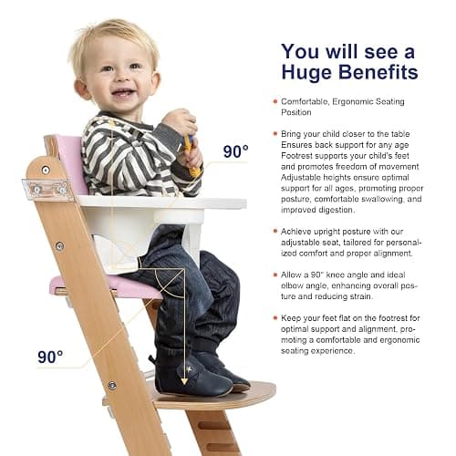 Cowiewie Natural Wooden High Chair for Babies & Toddlers 3-Tier Remove Adjustable Tray and Highchair with Cushions, Easy to Clean, Portable. (Pink) thumbnail 8
