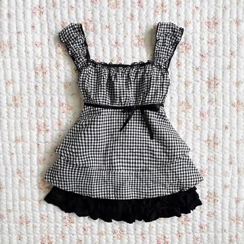Baby Crop Tees Women Y2K Plaid Dot Graphic Shirts Coquette Lace Ruffle Babydoll Tshirt Fairy Grunge Aesthetic Clothes thumbnail 2