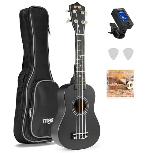 MAX UKEY Ukulele Komplett Set inkl. Plektren, digitalem Stimmgerät und Tasche, 21" mini Gitarre, Ukulele Erwachsene mit Zubehör für Anfänger, Soprano, 4 Nylon Saiten, 12 Bünde - Schwarz - Image 1