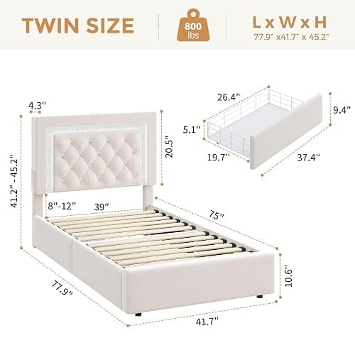 Twin Bed Frame with Storage Drawers and LED Lights, Velvet Upholstered Platform Bed with Diamond Headboard and Charging Station for Kids/Girls, Solid Wood Slats Support, No Box Spring Needed, Beige thumbnail 2