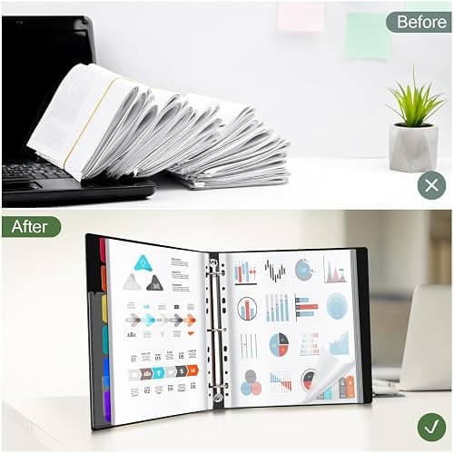 Uquelic Presentation Ring Binder, A4 Display Folder with 50 Punched Pockets and 6 Colorful PP Divider Pages, Folder File Plastic Sleeves for Documents, Certificates, Receipts, Black thumbnail 6