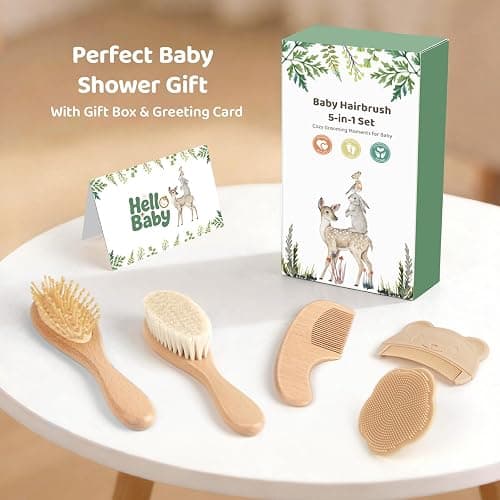 5 Piece Baby Hair Brush Set, Wooden Baby Brush and Comb Set with Natural Soft Goat Hair Bristles, Cradle Cap Brush, Baby Essentials Grooming Kit for Boy Girl thumbnail 8