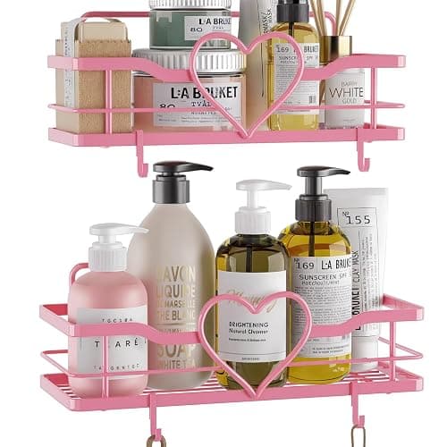 FLCITY Pink Shower Caddy with 4 Removable Hooks, 2 Pack Sweet Heart Shower Shelves,No Drilling Adhesive Organizer Shelf for Bathroom Shower,Kitchen,Bedroom - Image 1