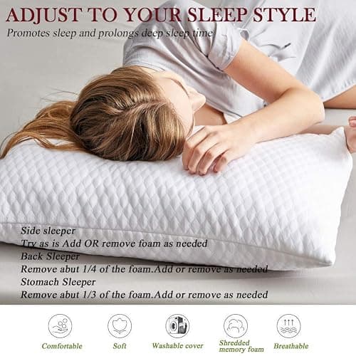 NTCOCO Shredded Memory Foam Bed Pillows for Sleeping Queen Size Set of 2,with Washable Removable Hypoallergenic Sleep Pillow for Back and Side Sleeper thumbnail 5