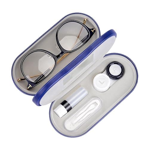 Muf 2 in 1 Contact Lens Case and Glasses Case, Double Sided Design with Mirror, Portable Travel Kit with Tweezer, Remover and Solution Bottle, Blue - Image 1