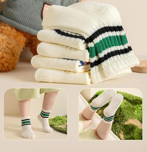 Wamvp Toddler Grip Socks with Non-Slip, Unisex Baby Retro Stripe Seamless Crew Ankle Cotton Socks for Girls Boys 6 Pairs thumbnail 6