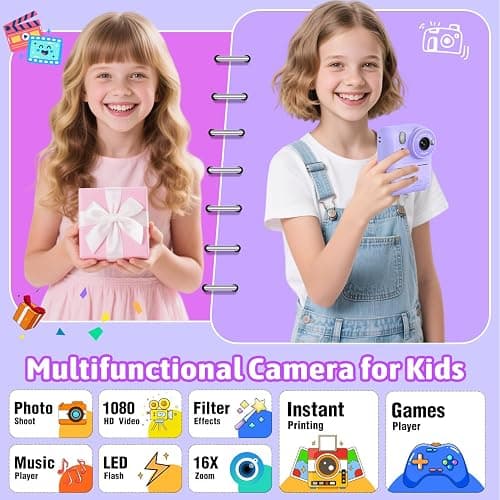 Okaloka Kids Instant Print Camera Toys,1080P HD Toddler Digital Video Camera,Christmas Birthday Gifts for Girls Boys Age 3-12 Year Old - 32G SD Card Included (Purple) thumbnail 2