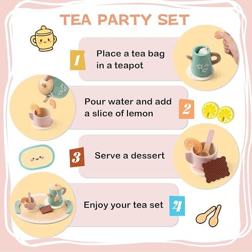KDSFT Tea Party Set for Little Girls, Wooden Kids Tea Set with Teapot Cups Coasters Carrying Dessert, Picnic Outdoor Toys Pretend Play Kitchen Accessories for 3 4 5 Years Old thumbnail 2