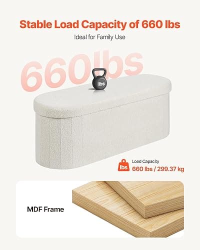 VEVOR Oval Storage Ottoman Bench, Foldable Teddy Fleece End of Bed Bench, Folding Upholstered Bed Ottoman Chest with Large Storage Space, Supports 660 lbs, for Living Room, Bedroom, Entryway, Beige thumbnail 8