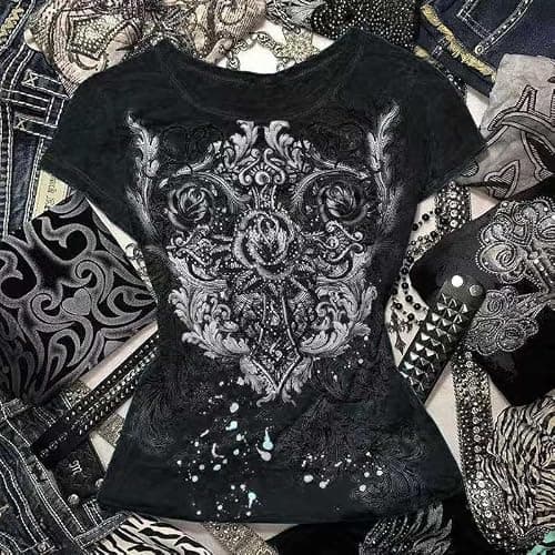 Womens Y2K Gothic Graphic V-Neck Slim Fit T-Shirt Grunge Vintage Short Sleeve Trendy Crop Tops thumbnail 2