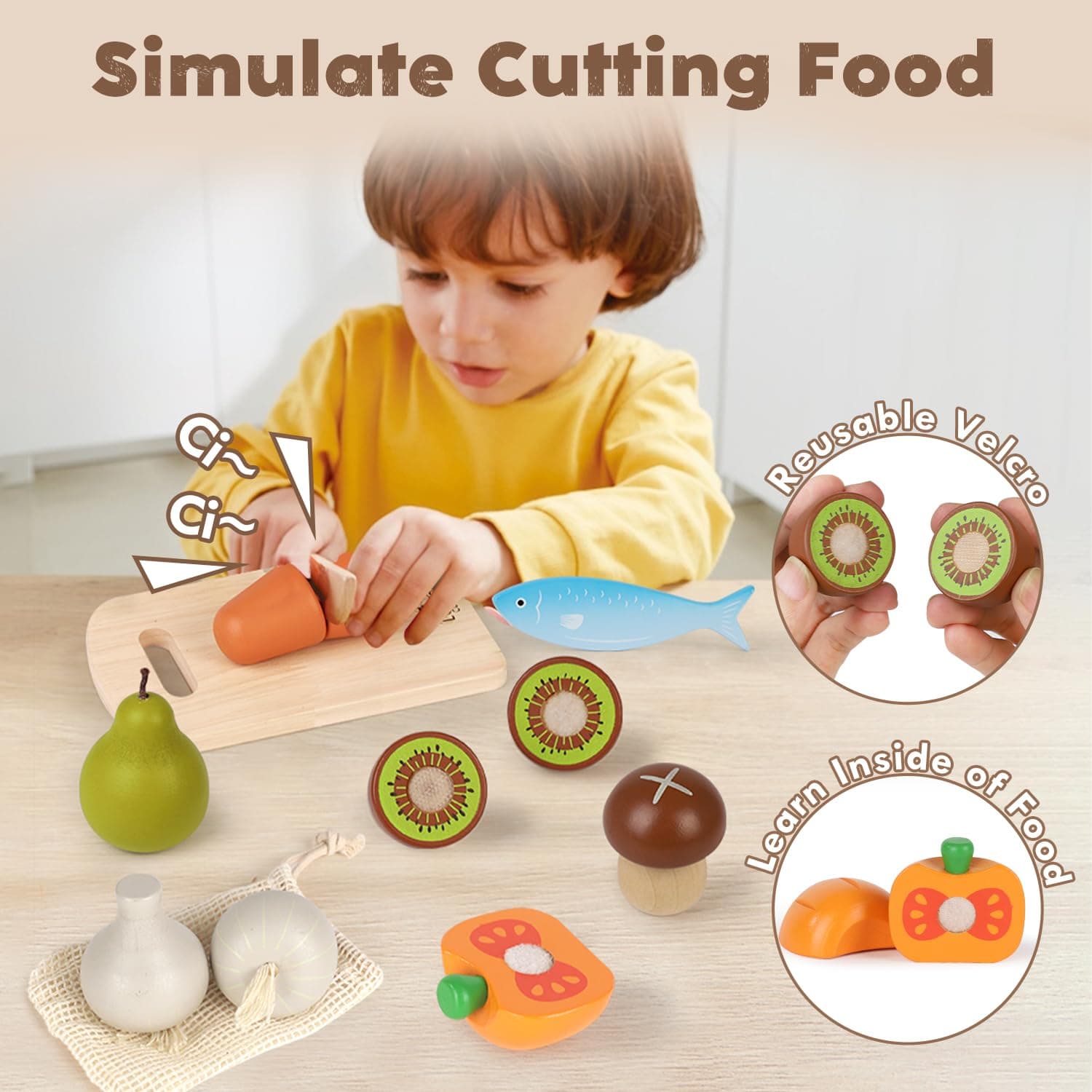 Lehoo Castle Wooden Play Food Sets for Kids Kitchen, Food Toys for Toddlers, Pretend Food Play Kitchen Accessories, Cutting Fruits Vegetables Toys, Gift for Boys Girls thumbnail 3