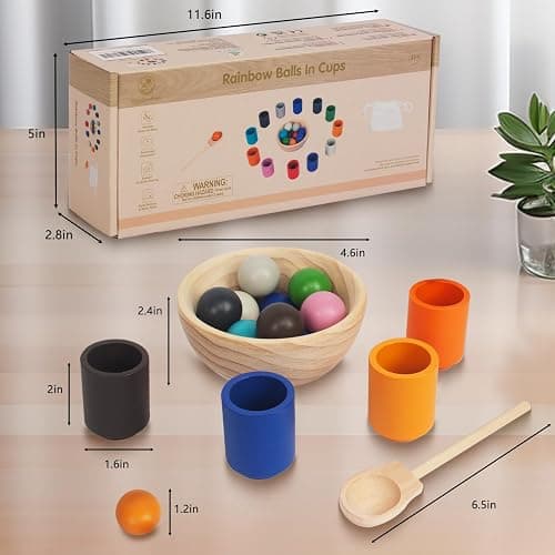 Rainbow Balls in Cups Toddler Montessori Toys for 3 Year Old Up, Kids Preschool Wooden Matching Games for Learning Color Sorting and Counting thumbnail 3