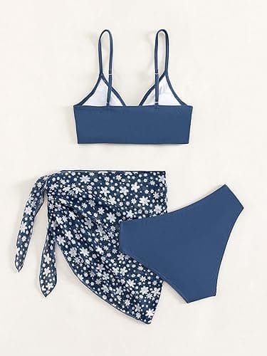 COZYEASE Girls' 3 Piece Bikini Set Ditsy Floral Print Wireless Swimsuit with Beach Skirt - 9 Years - Navy Blue thumbnail 2