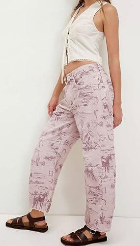 loveimgs Women Boyfriend Baggy Barrel Jeans Floral Print Denim Ankle Pants Wide Leg Mid Rise Jeans Sweatpants Y2k Patchwork thumbnail 6