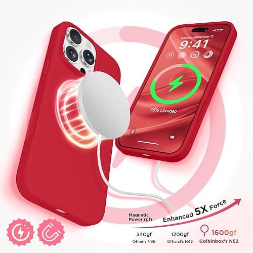 GolbinBox Magnetic for iPhone 16 Pro Case, Compatible with MagSafe, Screen Protector + Camera Lens Protector, Liquid Silicone Shockproof Protective Phone Case for iPhone 16 Pro 6.3", Red thumbnail 3
