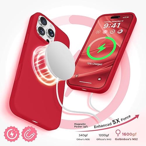 GolbinBox Magnetic for iPhone 16 Pro Case, Compatible with MagSafe, Screen Protector + Camera Lens Protector, Liquid Silicone Shockproof Protective Phone Case for iPhone 16 Pro 6.3", Red thumbnail 4