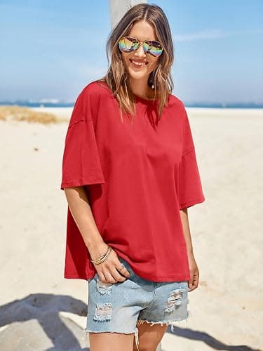 Tankaneo Womens Oversized Tshirts Summer Casual Short Sleeve Crew Neck T Shirt Loose Fit Side Slit Tee Tops thumbnail 4