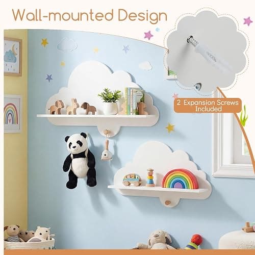 Costzon 2 Pieces Floating Cloud Shelves, Wall Mounted Kids Bookshelf w/Compartments, Cute Corner Bookshelves, Space Saving Wall Shelves for Kid's Room, Nursery, Playroom & Bedroom (White Cloud) thumbnail 4