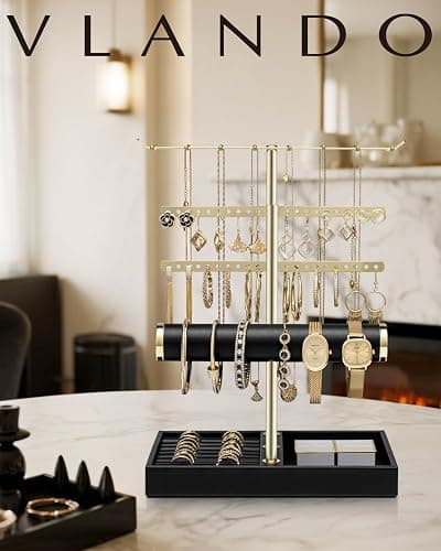 Vlando 3 Tier Jewelry Stand Organizer with Tary, Leather Jewelry Holder Display for Women, Gold Jewlery Holder Display for Necklace, Earring, Bracelet, Rings - Black thumbnail 2