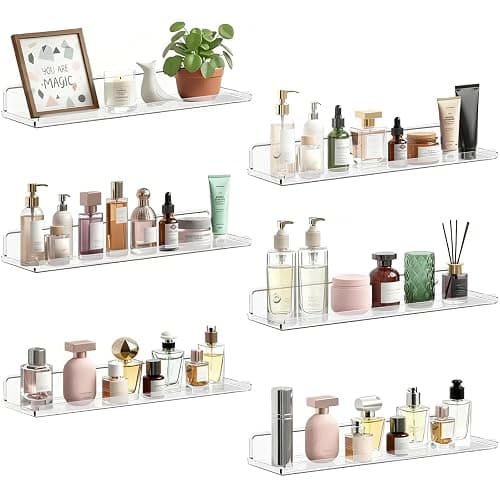 Lifewit Floating Shelves for Wall, 6 Pack 15" Clear Acrylic Shelf Room Decor for Book/Figures/Photo/Makeup in Bathroom, Book Shelf, Living Room, Bedroom, Kitchen Storage and Organization - Image 1