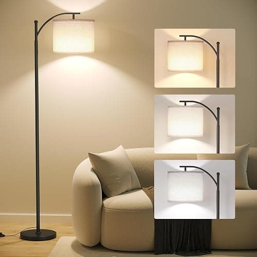 SUNMORY Arc Floor Lamp,Modern Floor Lamp with 9W 3 Color Temperatures Bulb,Metal Standing Lamps with Adjustable Hanging Lampshade,Tall Floor Lamps for Living Room,Bedroom,Office (Black) - Image 1