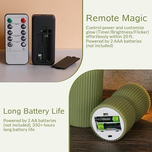 Girimax Olive Green Ribbed Flameless Pillar Candles with Remote, LED Candles Battery Operated Flickering Real Wax Set of 2 thumbnail 3