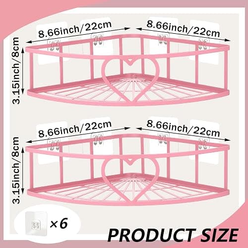 Otoolling 2 Pack Pink Heart Corner Shower Caddy No Drilling Pink Shower Shelves Coquette Corner Caddy with 5 Adhesive Hooks Sweet Decor for Bathroom Kitchen Bedroom thumbnail 2