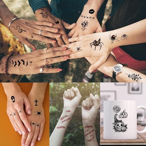 52 Sheets Black Halloween Temporary Tattoos for Kids Men Women, Include 10 Sheets Large Half Arm Sleeve Fake Tattoos, 200+ PCS Spider Snake Tiger Lion Skull Bat Vampire Scar Halloween Tattoos thumbnail 5