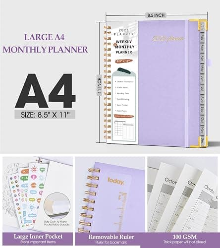2026 Planner, Weekly and Monthly Calendar Planner from January 2026 - December 2026, 8.5" x 11" Hardcover Leather Hourly Appointment Book with Tabs, Spiral Daily Planners for College School Work Home, Purple thumbnail 5
