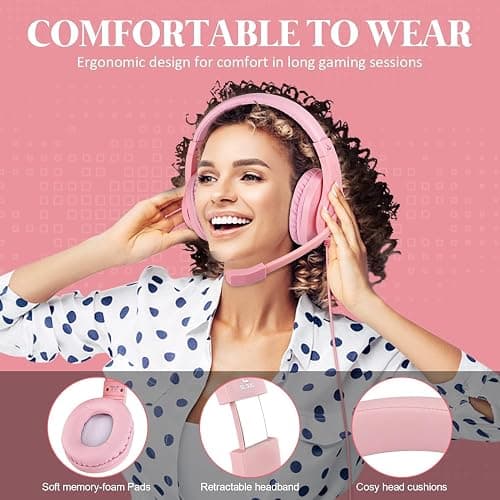DIWUER Gaming Headset for Xbox One, PS4, PS5, Nintendo Switch, Bass Surround and Noise Cancelling 3.5mm Over Ear Headphones with Mic for Laptop PC Smartphones, Pink thumbnail 4