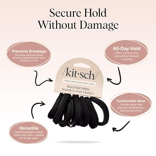Kitsch Hair Ties No Damage - Strong, Stretchy Hair Bands | Soft Nylon Ponytail Holders, Snag-Free Rubber Bands, Perfect for Updos & Braids | Ideal Gifts for Women - Black, 8pcs thumbnail 4