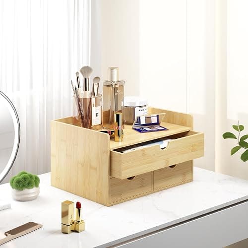 Wisuce Bamboo Desk Organizer - Mini Bamboo Desk Drawer Tabletop Cosmetic Storage Organization for Office or Home (Nature 3 Drawers) thumbnail 5