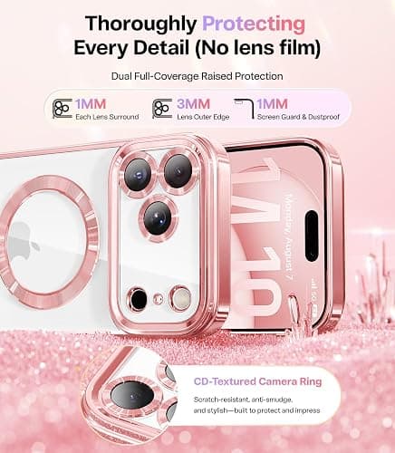 Meifigno Designed for iPhone 17 Pro Max Case 6.9", [Glitter Card & Wrist Strap] [Compatible with MagSafe] [2X HD Screen Protectors] Surround Raised Lens Protection for 17 ProMax Phone Case, Rose Gold thumbnail 4