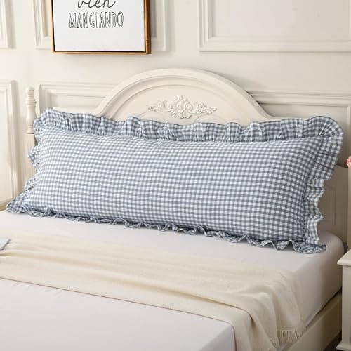 Silnuo Light Blue Plaid Body Ruffle Pillow Sham,Washed Cotton Shabby Checkered Gingham Long Pillow Cover (1 Piece) - Image 1