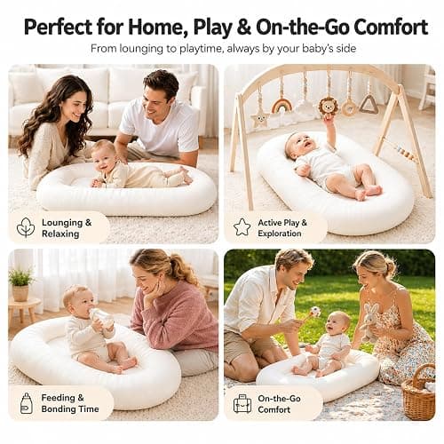 Mapotf Baby Lounger for Newborns 0-24 Months - Baby Essentials | Soft Breathable Cotton Infant Support Cushion for Tummy Time & Play, Portable Infant Lounger - Cloud White (Cover Included) thumbnail 6