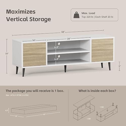 YESHOMY Modern TV Stand for 65" Television, Entertainment Center with Two Storage Cabinets and Open Shelves, Retro Style Media Console for Living Room, Bedroom, Office, 58 Inch, White and Beige thumbnail 2