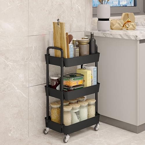 UDEAR 3-Tier Kitchen Rolling Utility Cart,Multifunction Storage Organizer with Handle and 2 Lockable Wheels for Kitchen,Bathroom,Living Room,Office,Black thumbnail 2