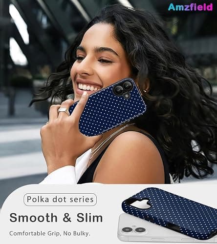 Amzfield Compatible with iPhone 16 Case Cute Polka Dot Aesthetic Retro Design for Women Girls Fall Simple Chic Girly Pretty Dual Layer Hybrid Protection Elegant Case, Navy Blue thumbnail 6