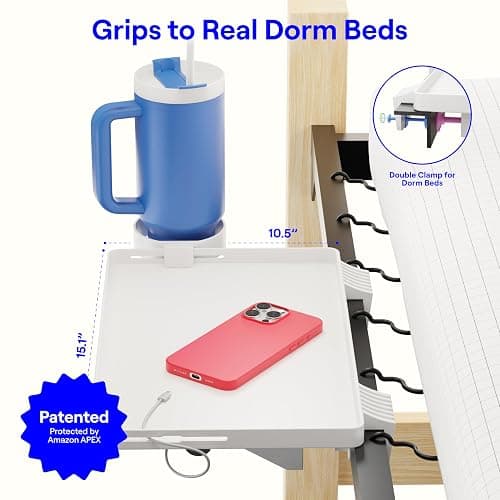 BedShelfie Bedside Shelf for Dorm Room Bunk Bed & Top Bunk, College Dorm Room Essentials, Bedside Caddy, Clip on Floating Tray, Bed Side Table Storage, Loft Nightstand Decor - Dorm Essential, White thumbnail 2