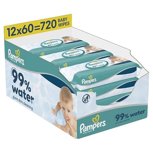 Pampers 99% Water Baby Wipes Plastic Free, 12 Packs of 60 Wipes = 720 Baby Wet Wipes, Light Lotion with 99% Water - Image 1