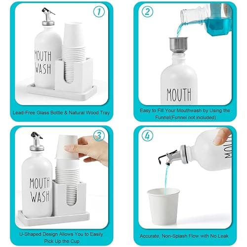 Glass Mouthwash Dispenser for Bathroom, 16 OZ Mouthwash Dispenser with Pour Spout and Wood Cup Holder and Tray, Mouth Wash Bottle Container, Farmhouse Kitchen Bathroom Decor and Accessories, White - White thumbnail 4