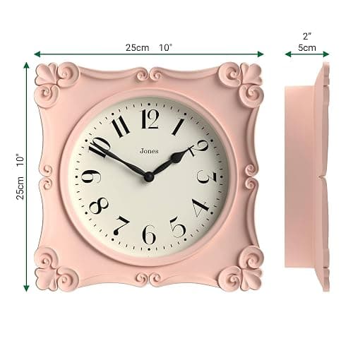 JONES CLOCKS® Rialto Wall Clock | Ornate Vintage Style Square Clock | 10 inch | Pink | Ideal for The Living Room or Bedroom thumbnail 3