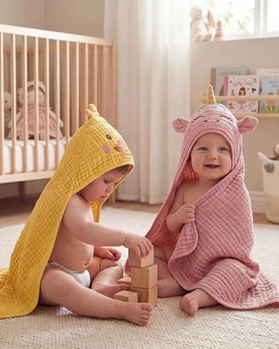 Blissful Diary Muslin Baby Hooded Towel 2 Pack, Soft & Absorbent Bath Towel for Infant, Toddler, Unisex, Baby Gift, Newborn Essentials, Sunny Duck & Dreamy Unicorn thumbnail 2