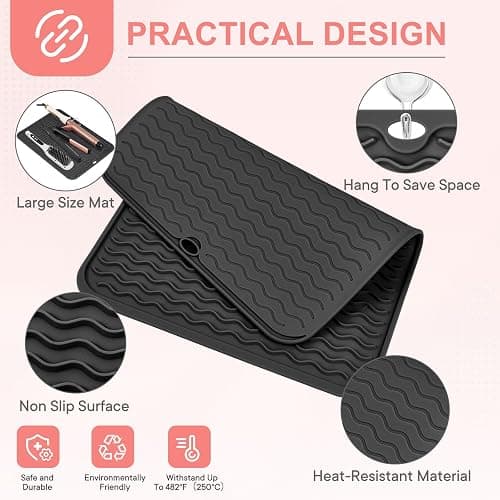 Suafrnut Oversize Silicone Heat Resistant Mat, Portable Travel Mat Cover with Velcro for Curling Irons, Flat Irons, Hair Straightener and Hot Hair Styling Tools(14.2" x 11") thumbnail 4