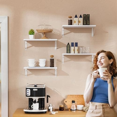 COCOYA Wall Shelves 7.3" Deep Set of 2, Solid Paulownia Wood Wider Longer Sturdy Easy to Install Wall Mounted Bookshelves Storage Shelves Bathroom Storage Office Laundry Room Bedroom Organizer White thumbnail 2
