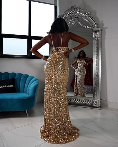 HANVAIOS Sparkly Prom Dresses Long Sequin Mermaid Spaghtti Straps Lace Applique Corset Ball Gown thumbnail 4